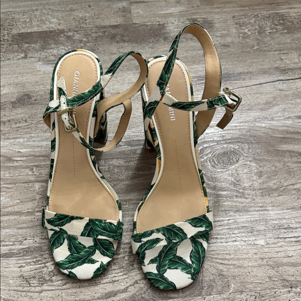 Gianni Bini Leaf Print Sandals in Green and Cream